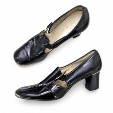Vintage 1960 s 1970 s Red Cross Black Patent Loafer Pumps 8 AA Mod Gogo