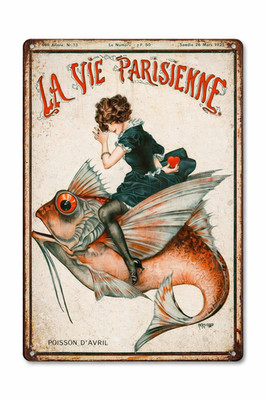 La Vie Parisienne Poisson d Avril Art Deco Woman Fish Poster 8x12 Metal Sign