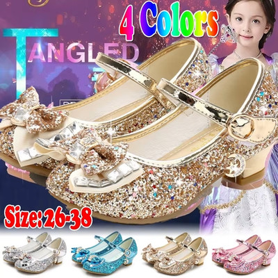 Princess Kids Leather Shoes for Girls Flower Casual Glitter Children High Heel G
