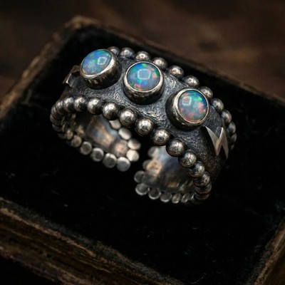 Opal Thunderbolt Ring Adjustable   Oxidized  Silver plated Boho Southwestern