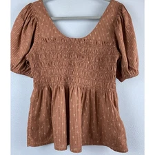 Madewell Sz 4 Bubble Slv Smocked Bodice Full Btm Zip Back Ruffle Warm Umber READ
