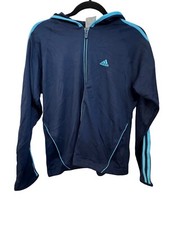 Adidas Womens Navy Blue Full-Zip Hoodie With Turquoise Stripes  Logo Size L