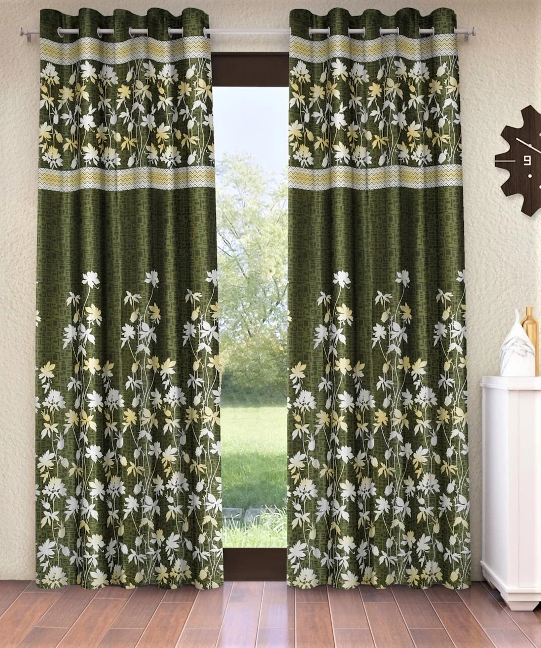 New 2 Pieces Flower Border Panel Eyelet Polyester Door Curtains Set - 7 ft