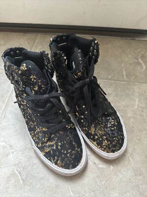SUPRA Women Shoes Skytop Metallic Black Metallic Gold Sequins