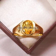Citrine Oval Cut With 925 Sterling Silver Gold Plated Ring For Men's #A961 *