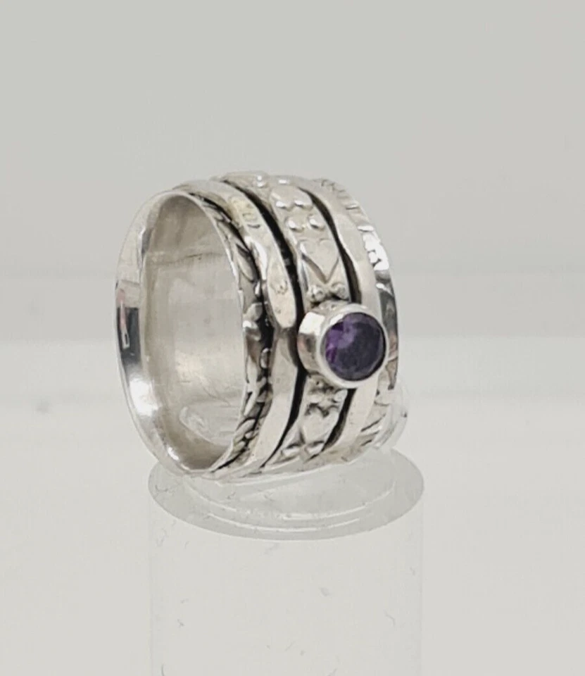Fabulous Spinning Layered Wide Band Amethyst Ring 925 Silver Size O1/2~P #19602 — 第 2/4 张图片