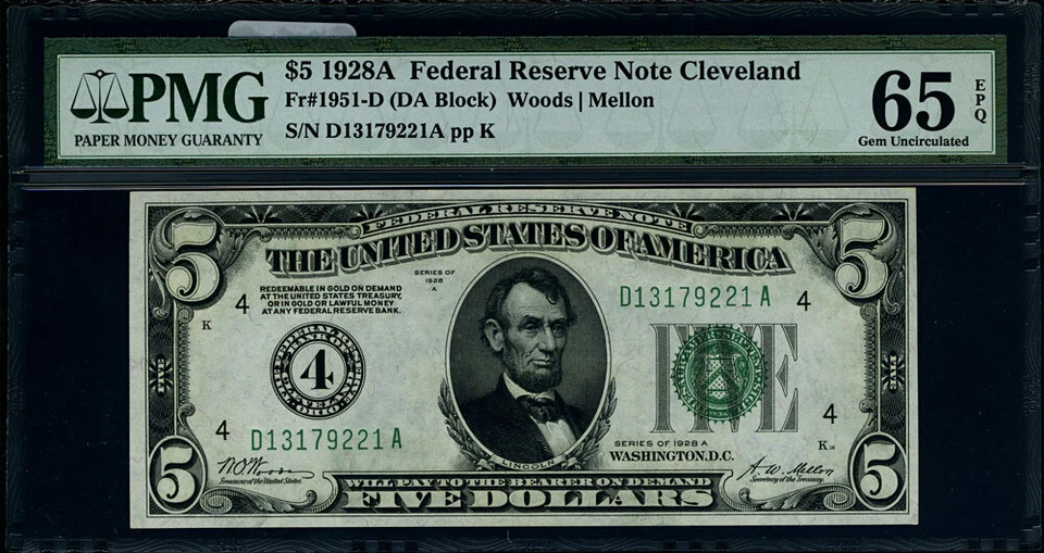 FR. 1951 D $5 1928-A Federal Reserve Note Cleveland D-A Block Gem PMG CU65 EPQ - Image 2 of 3
