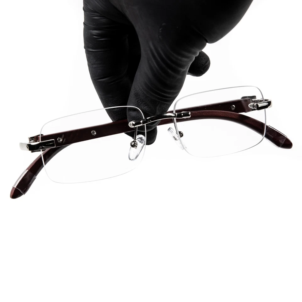 Mens Clear Rimless Woodgrain Silver Frame Retro Vintage Hip Hop Fashion Glasses  - Image 2 of 4