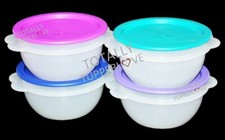 4 Tupperware Bowls Set Vintage Butterfly Handle One Touch 2 Cup Purple Pink Blue