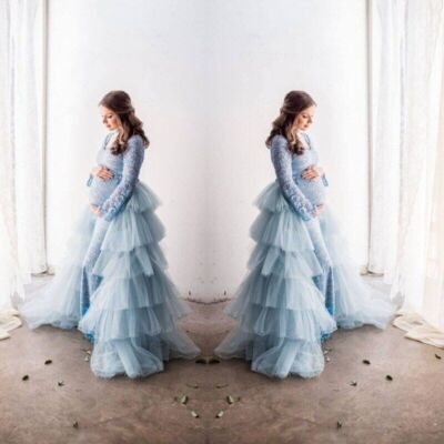 Blue Tulle Women Long Overskirts High Tulle Skirt Pregnant Woman