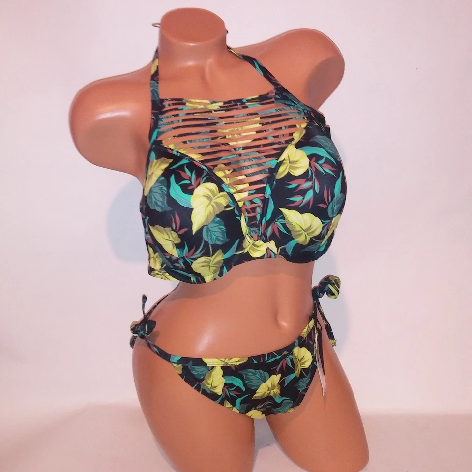 Biquíni de natação Victoria Secret 38C top XL parte inferior push up preto verde tropical - Imagem 3 de 4