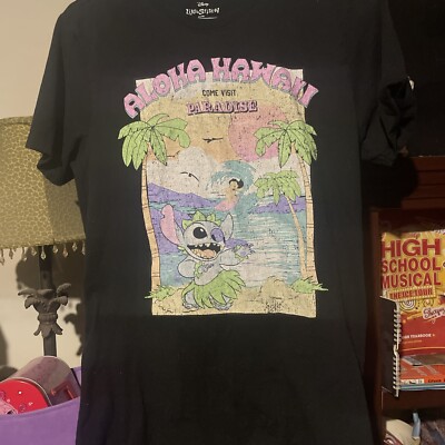 Disney Lilo & Stitch Aloha Hawaii Graphic T-Shirt Black Size M