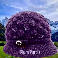 Winter Fall Autumn Knit Cap Visor Insulated Metallic Purple Rhinestone Decor