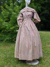CIVIL WAR 1850 S CALICO PRINT COTTON LONG DRESS W BISHOP SLEEVES RUFFLES