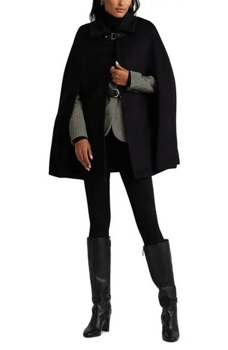 New Women's Lauren Ralph Lauren Wool Blend Buckle Cape in Black Size XS - Imagen 5 de 7
