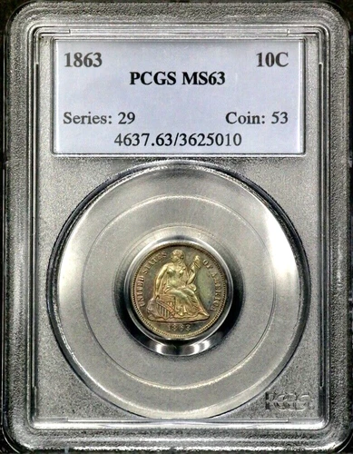 1863-P 10C Seated Liberty Dime PCGS MS63 Colorful Toning Low Mint 14k   RC250