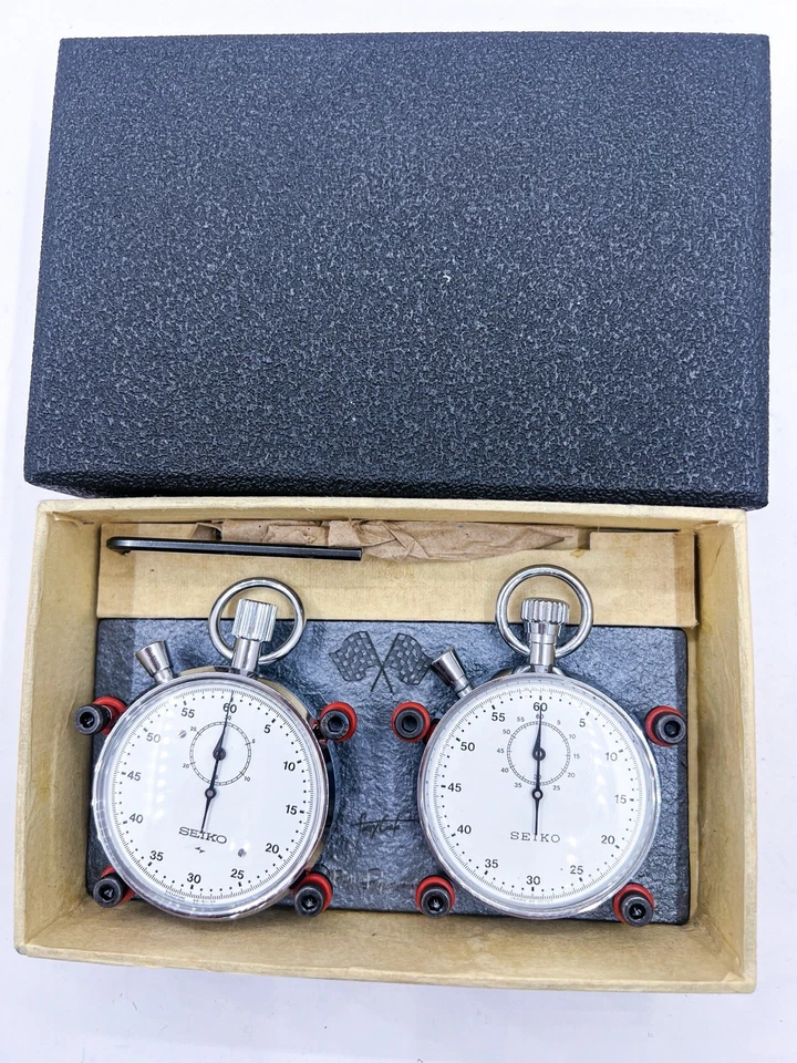 Rare Seiko 2pcs 57mm Steel Rally Department Board Stop Watch Set Box Working