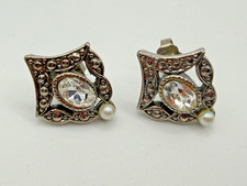 SILVER TONE RHINESTONE FAUX PEARL EARRINGS WOMENS CLIP-ON SQUARE STUD