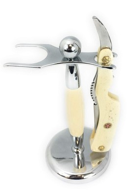 Straight Edge Razor Barber Shavette + Brush and Razor Stand - Ivory Horn Hand...