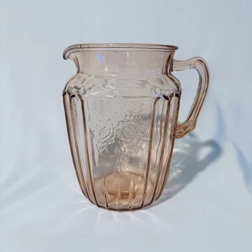 Vintage Hocking Mayfair Open Rose Pink Depression Glass Handled Pitcher 8.5”