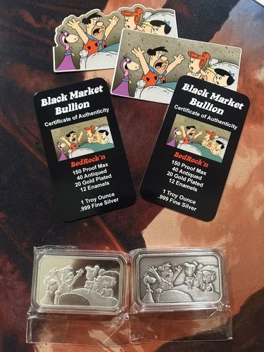 BedRock’n Flintstones 1oz .999 Silver Bar Set Proof & Antiqued BMB w/COA
