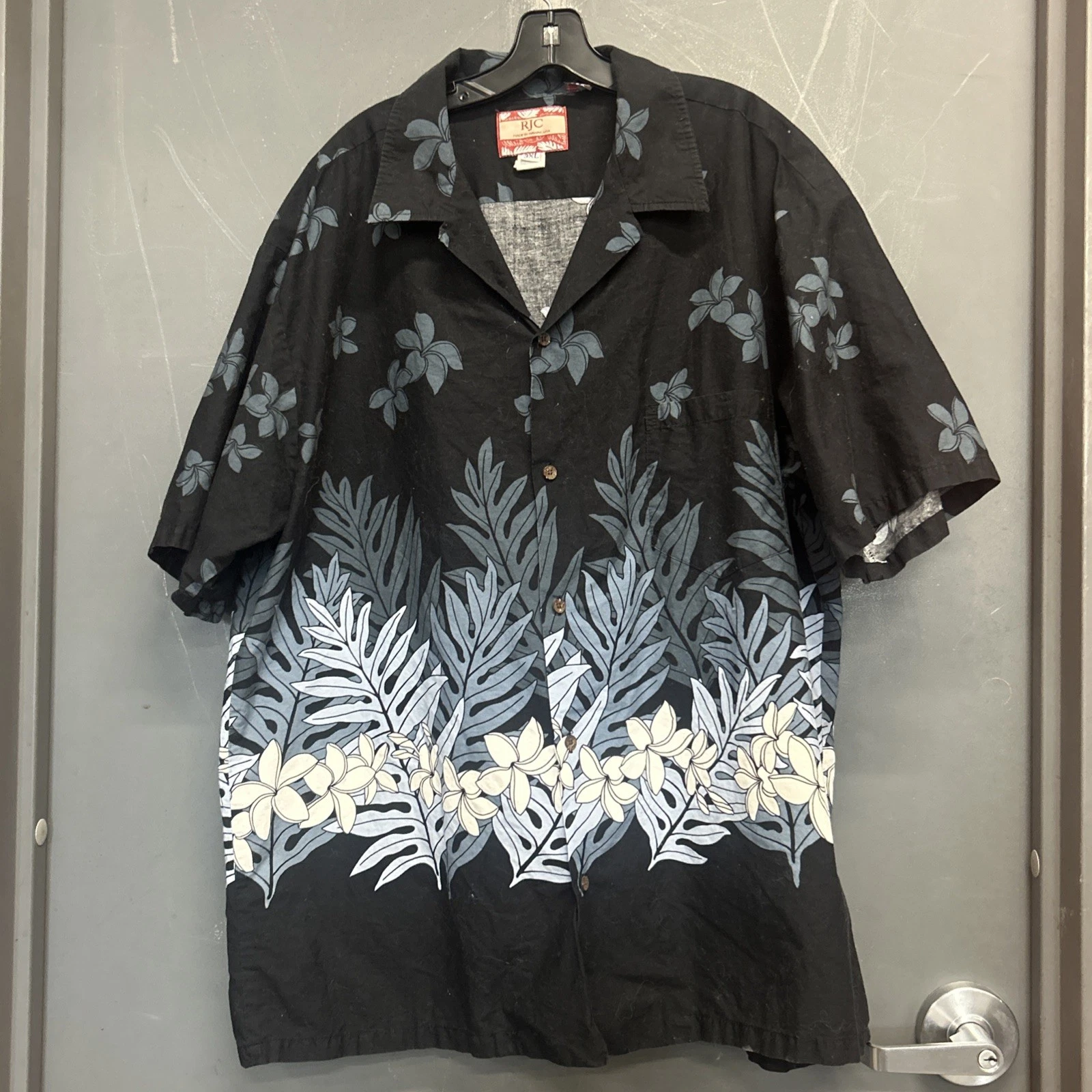 RJC Men’s Blue Fern And White Flower Black Hawaiian Camp Shirt Size 3XL