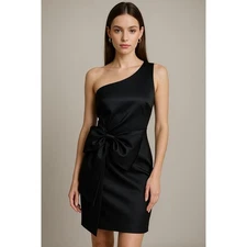Sachin & Babi Dress Women 10 Black Satin One Shoulder Bow Mini Cocktail Party