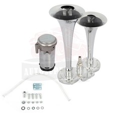 12V 135dB Car Truck Chrome Metal Dual Trumpet Train Air Horn Kit