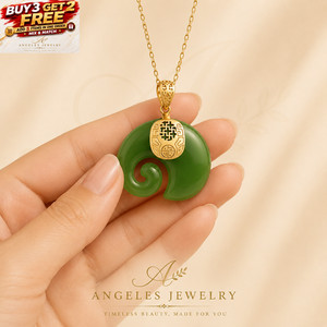 Authentic Green Jade Elephant Shape Pendant Necklace 18K Gold Plated Chinese Ruyi