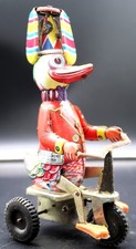 Vintage Wind-up Clockwork Tin Mechanical Wind-Up Duck on Bike Toy W/ Key Works
