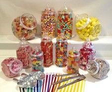 12 Various Plastic Sweet Jars 100 bags 2 Scoops 2 tongs DIY Candy Buffet 