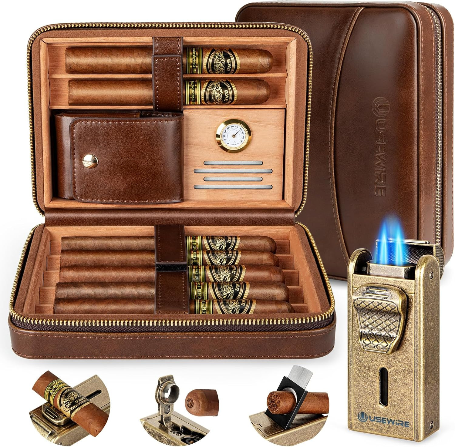 Cigar Humidor, Cedar Wood Leather Cigar Box Set with Cigar Lighter, Cigar Humidi