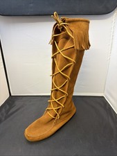 Minnetonka Suede Moccasins Knee High Boots Women  s 8 Brown Fringe Tall Lace-Up