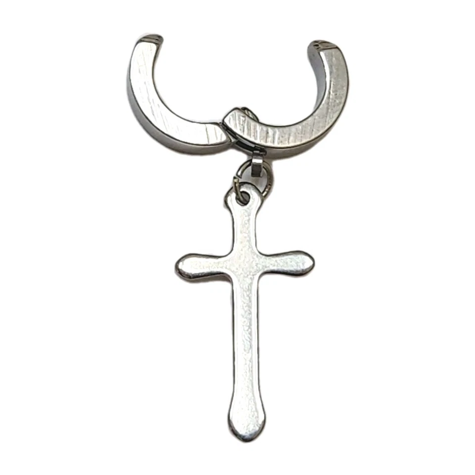 Pendiente crucifijo cruz católica clip sin perforar titanio plata hombre o mujer Foto 2 de 4