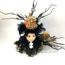 Art Assemblage Handmade Porcelain Doll Gold Black Feathers Orange Pumpkin Witch
