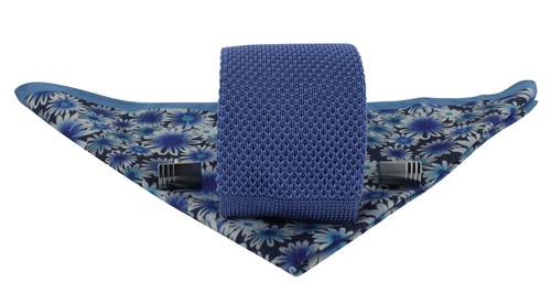 Lt Blue Skinny Silk Knitted Tie Blue Summer Flower Pocket Square Cufflink Set - Picture 1 of 9
