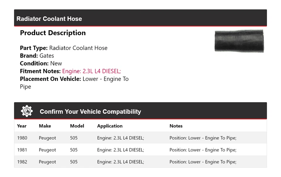 For 1980-1982 Peugeot 505 Radiator Coolant Hose Lower - Engine To Pipe Gates - Image 2 of 4