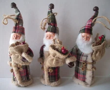Lot of 3 primitive country Santa w bag of pines Christmas ornaments