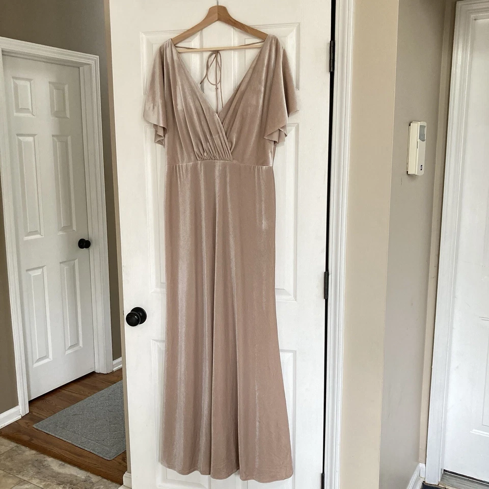 Vestido BHLDN Jenny Yoo Ellis Manga Acampanada Espalda Abierta Elastizado Terciopelo en Prosecco Foto 2 de 4