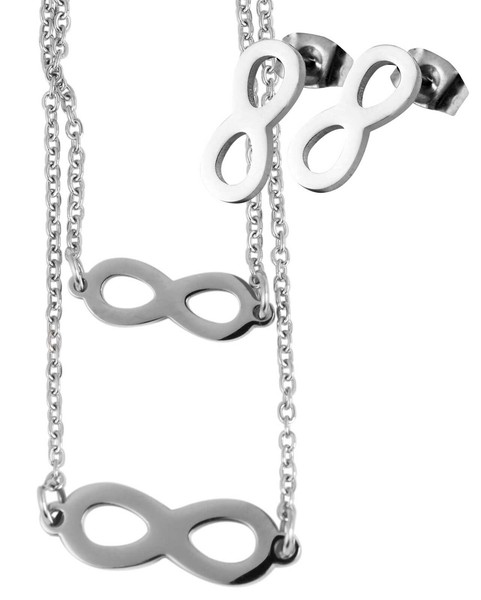 Akzent Schmuck Set Unendlichkeit Ohrstecker Halskette Kette Silberfarbig-image