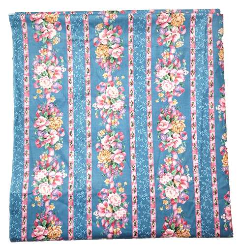 Shabby Pink Rose Ribbon Stripe Blue Fabric Cotton Sheen 32x91 Cottagecore Floral
