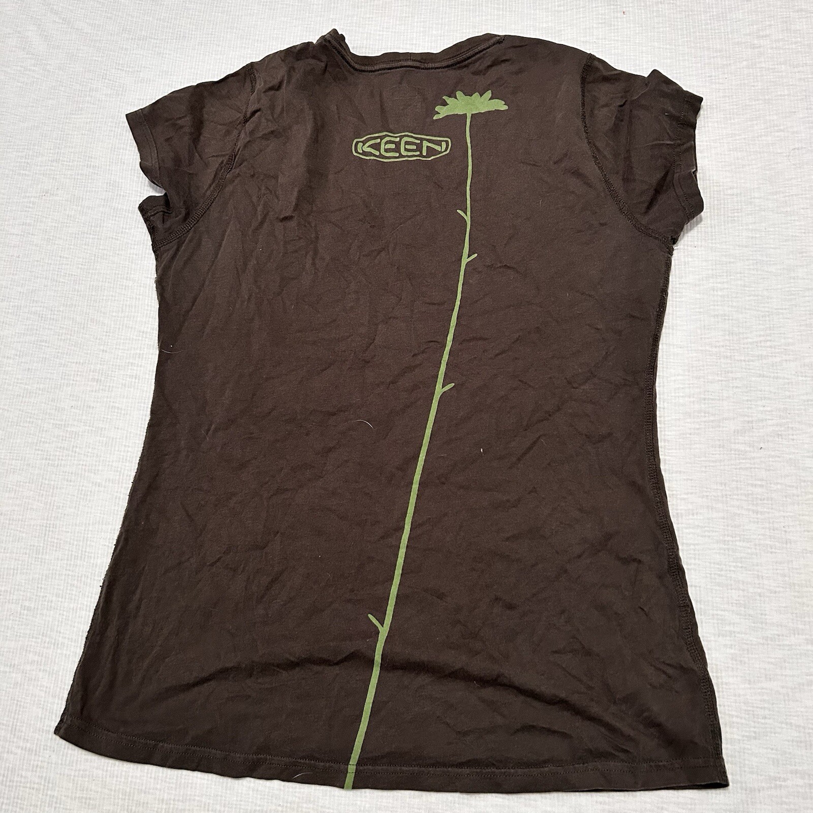 T shirt Keen marrone scuro verde manica corta L scollo a scoop floreale tarassaco DIFETTI