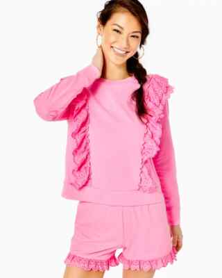 Lilly Pulitzer Deva Ruffle Pullover Top M 8 Women's Casual Pink Blouse NWD 44830