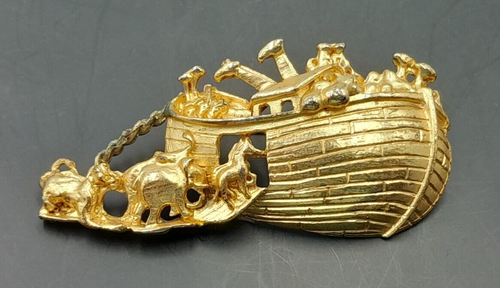 Vintage TOFA Gold Tone Noah's Ark 3" Brooch Pin