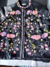 Raiment Fashions Cardigan Jacket Womens Medium Black Embroidered Button Down