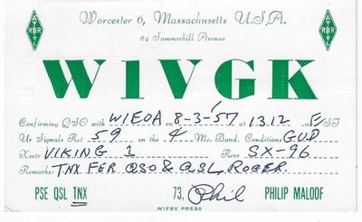 QSL  1957 Worcester   MA     radio card
