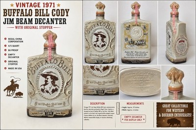 Vintage 1971 Jim Beam Buffalo Bill Cody Decanter Empty Regal China 4/5 Qt Bourbo