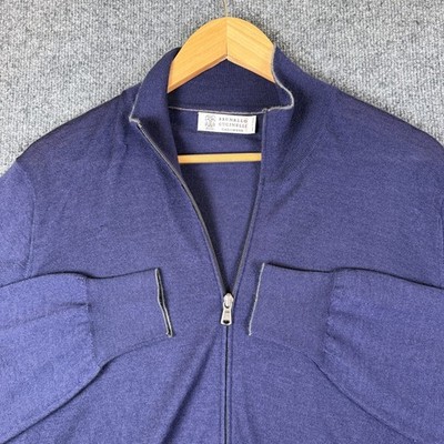 Brunello Cucinelli Cardigan Sweater Mens 54 (US 44) Blue Silk Cashmere Full Zip