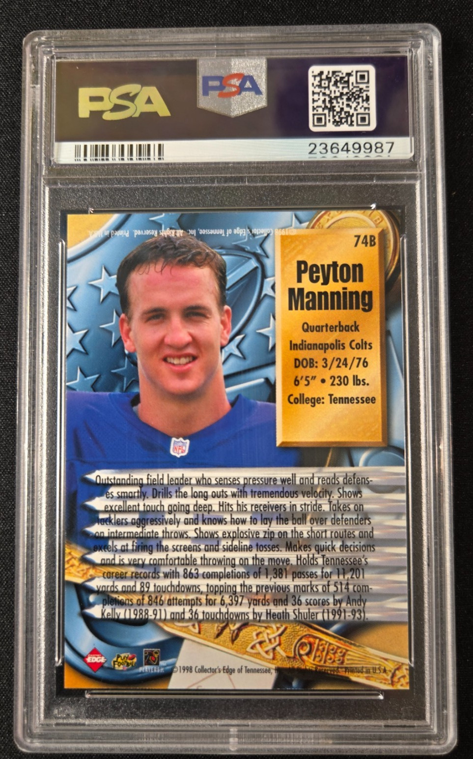 1998 Collectors Edge Supreme Season Review Peyton Manning #74B Gold Ingot PSA 10 view 6
