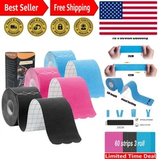 3 Rolls of Skin-Friendly Kinesiology Tape - Waterproof Muscle Support, 60 Strips